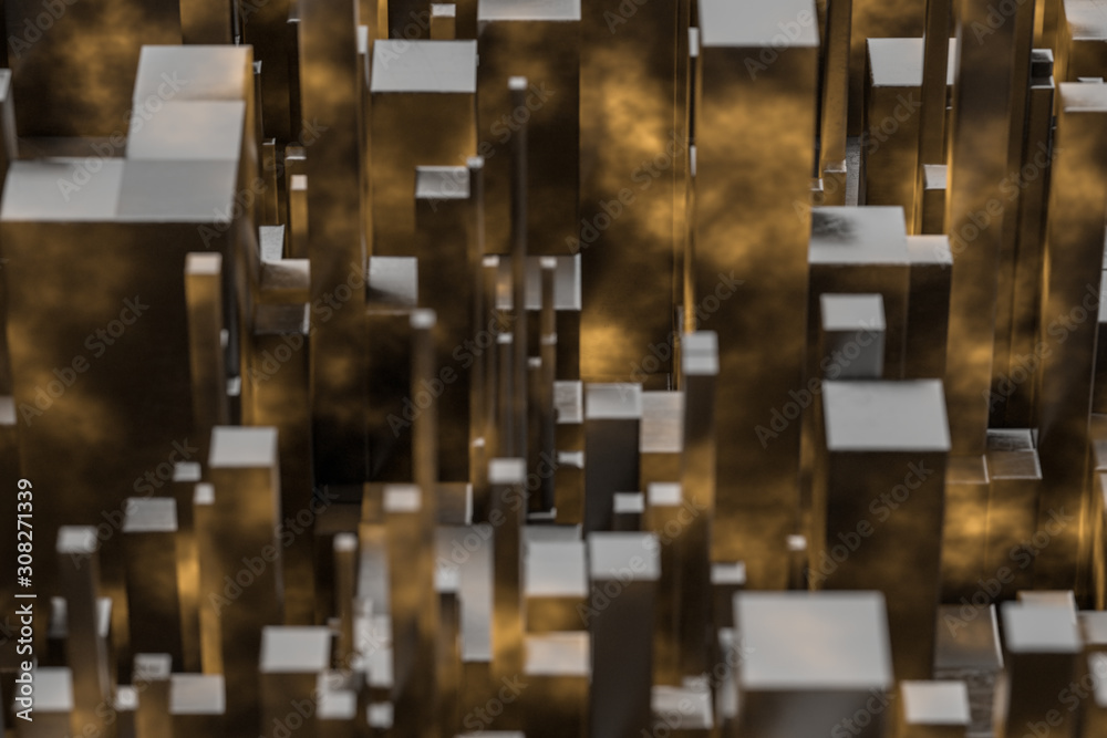 Randomly distributed cubes, Industrial background, 3d rendering.