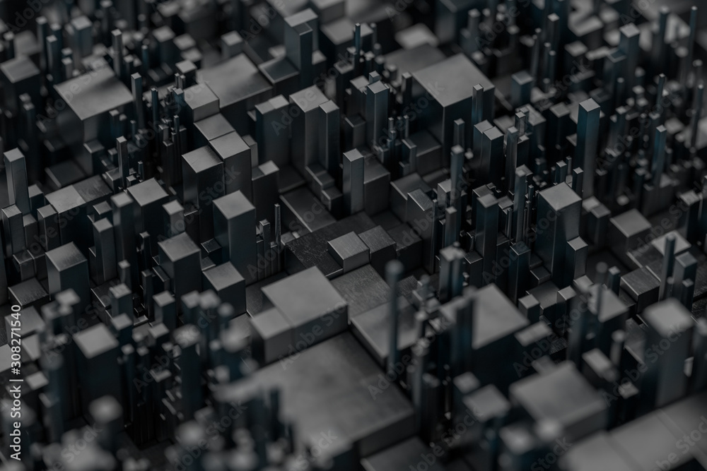 Randomly distributed cubes, Industrial background, 3d rendering.