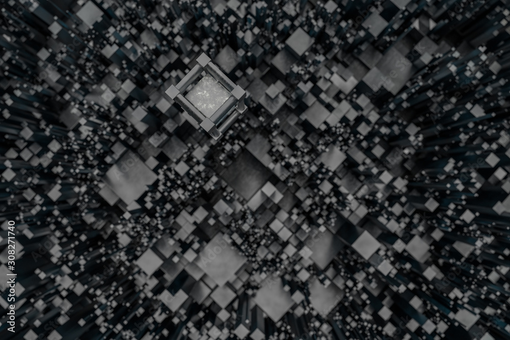 Randomly distributed cubes, Industrial background, 3d rendering.