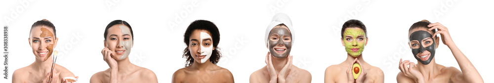 Different women with facial masks on white background