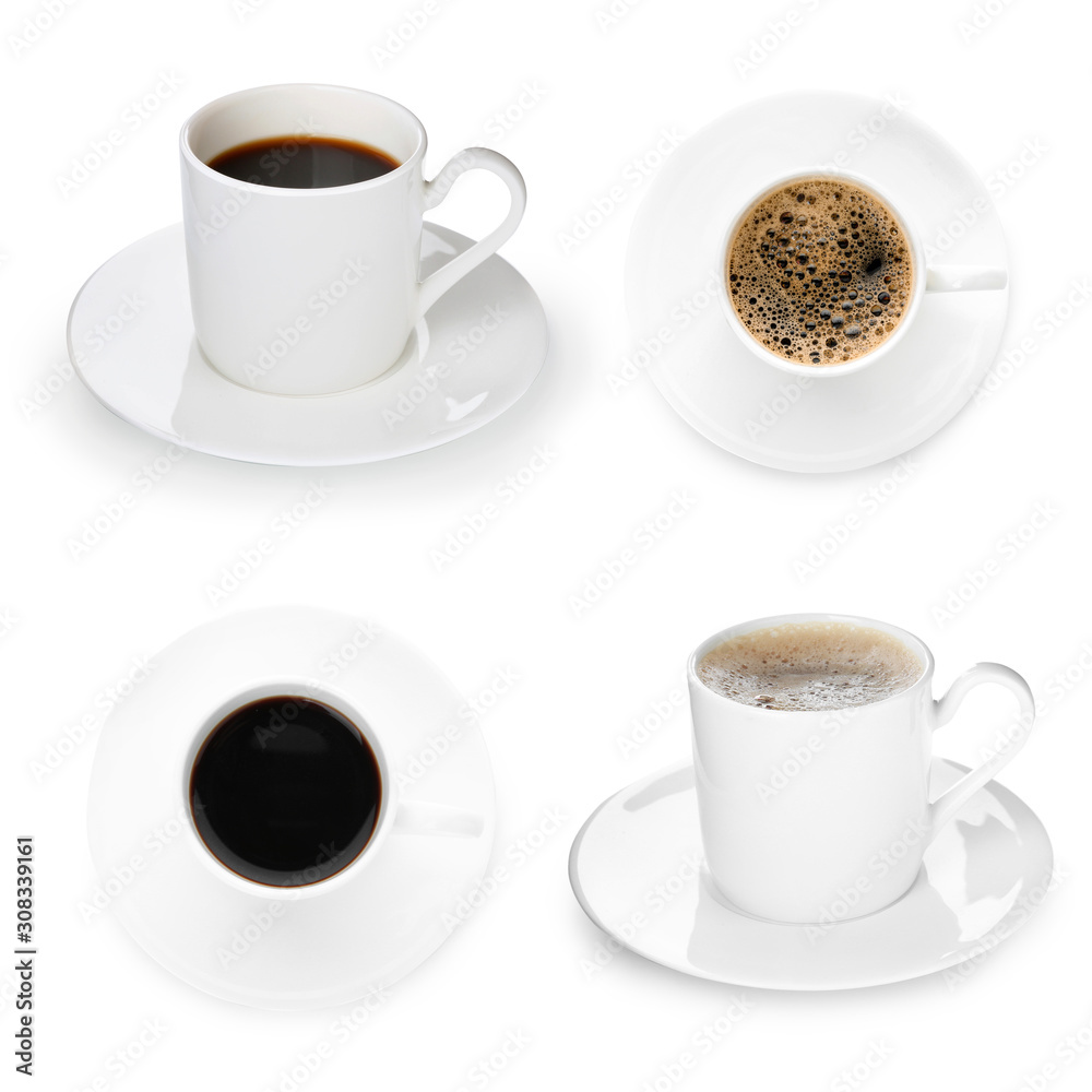 Set of cups with coffee on white background