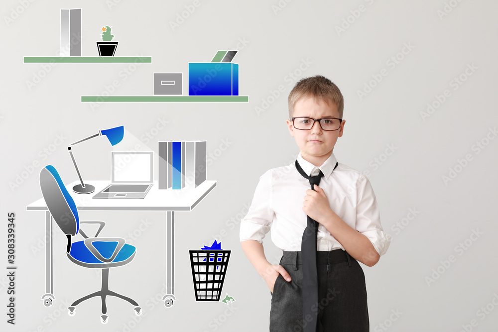 Cute little businessman in drawn office