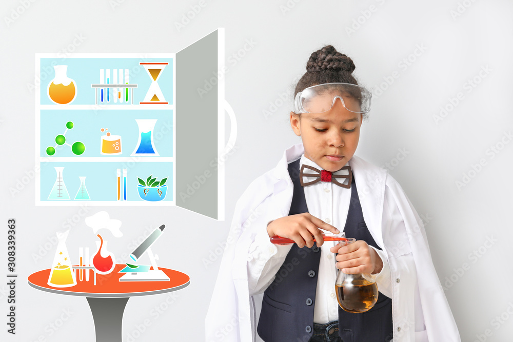 Portrait of little African-American scientist on white background