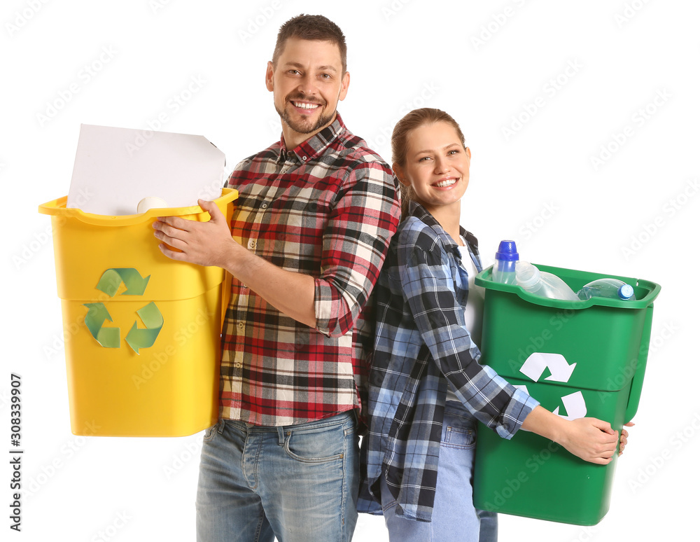 Couple with containers for garbage on white background. Concept of recycling