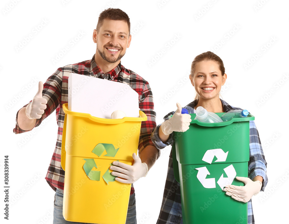 Couple with containers for garbage on white background. Concept of recycling