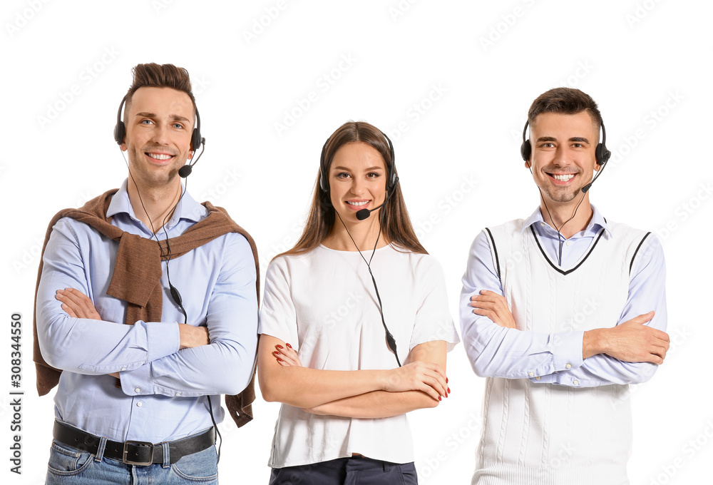 Team of technical support agents on white background