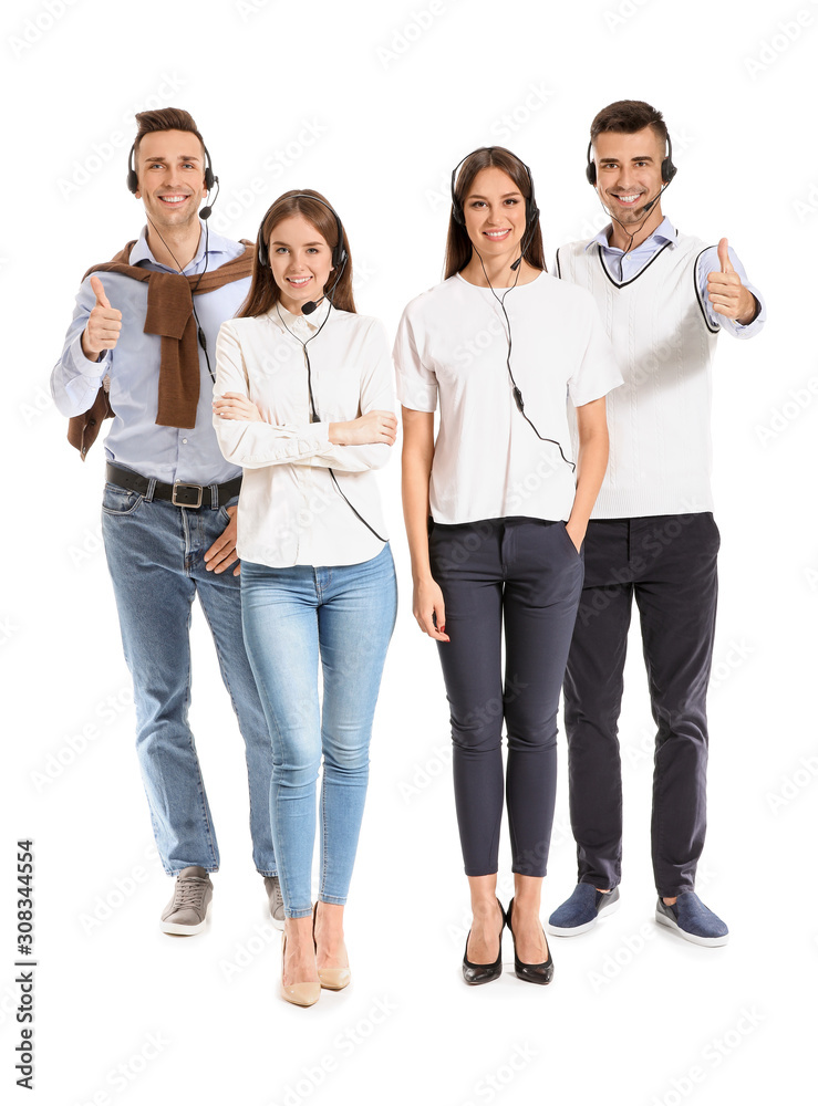 Team of technical support agents on white background