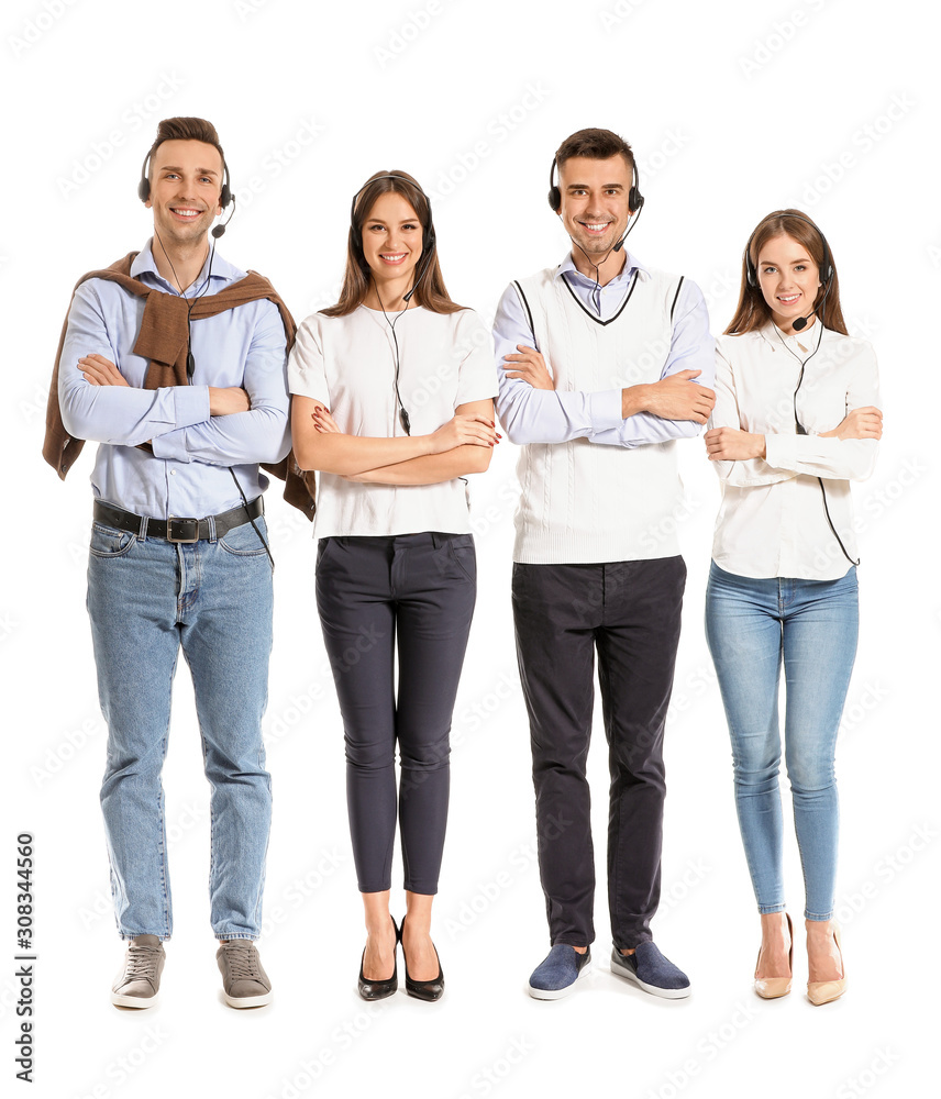 Team of technical support agents on white background