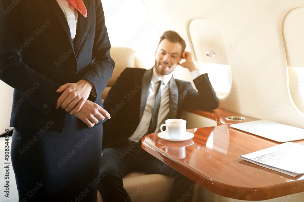 Air hostess and businessman on board the modern private airplane