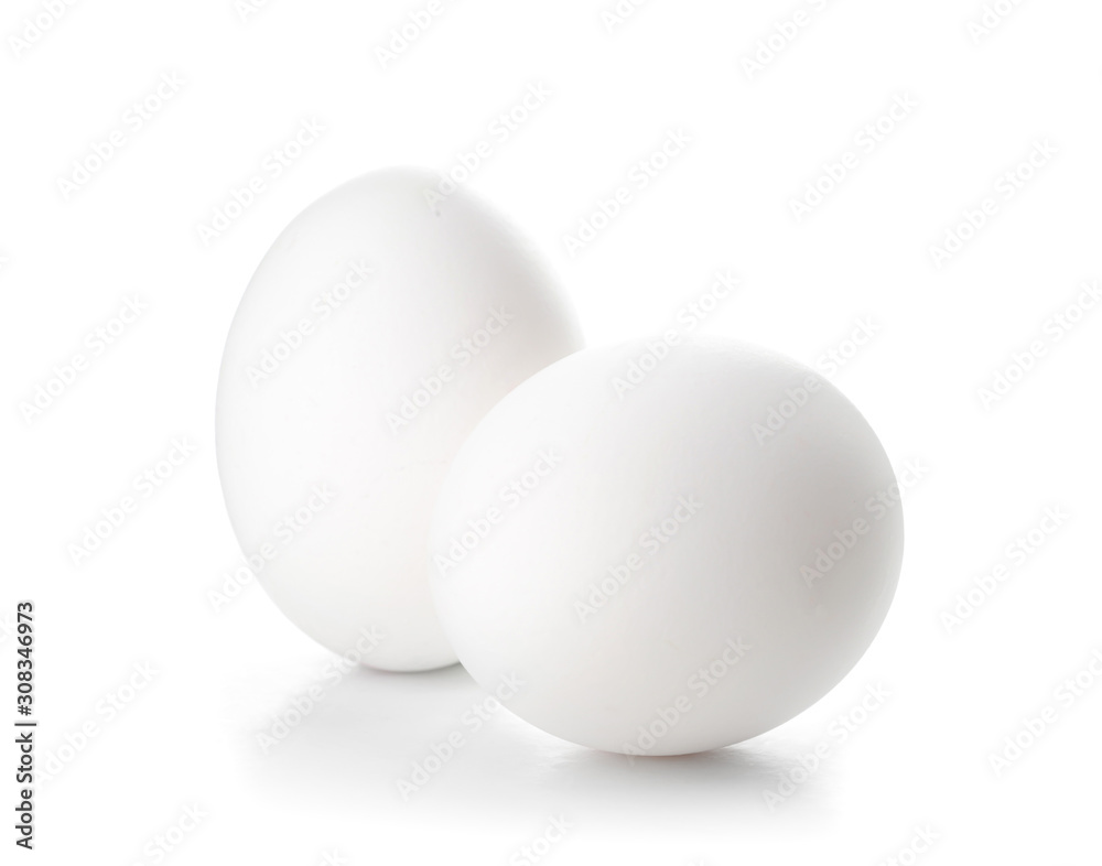 Fresh raw eggs on white background