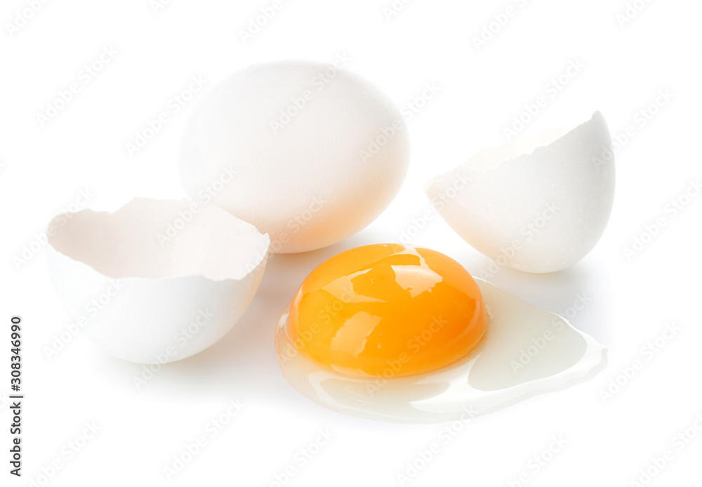 Fresh raw eggs on white background