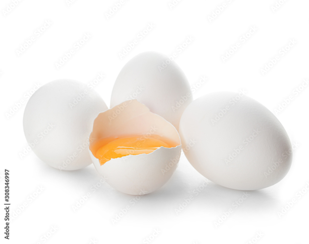 Fresh raw eggs on white background