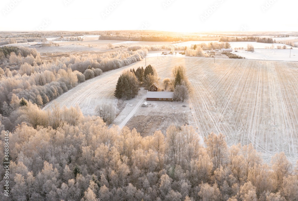 An old farm house complex surrounded by a frozen forest and grain field on a cold winter morning. Ta