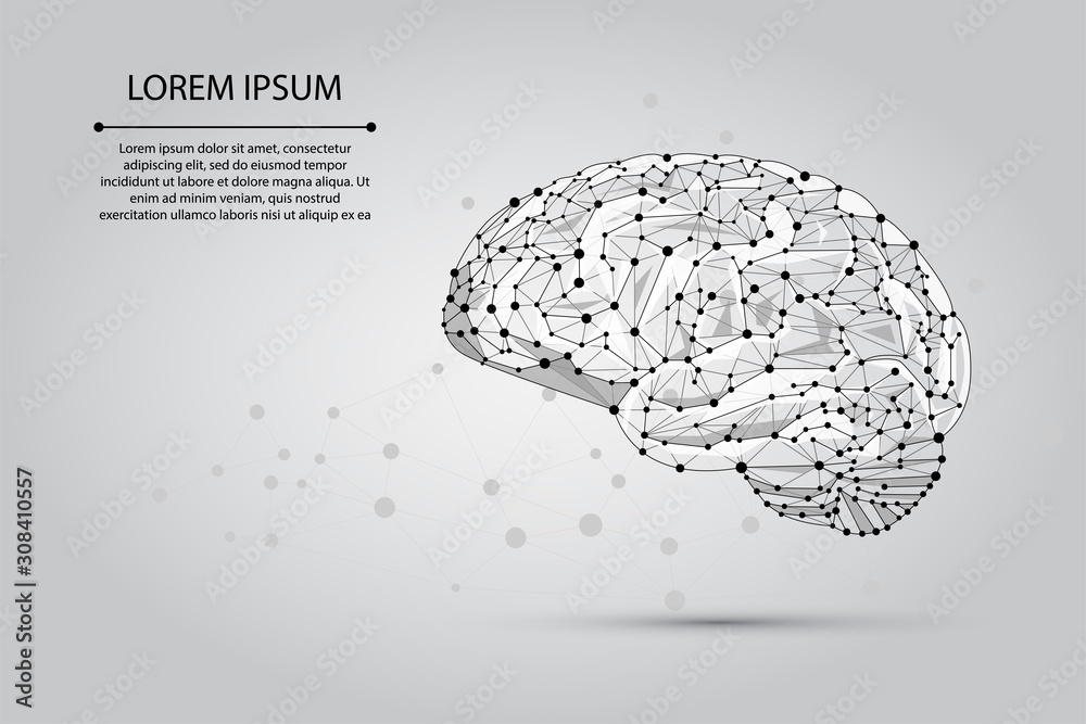 Abstract mash line and point human Brain. Low poly Neural network. IQ testing, artificial intelligen