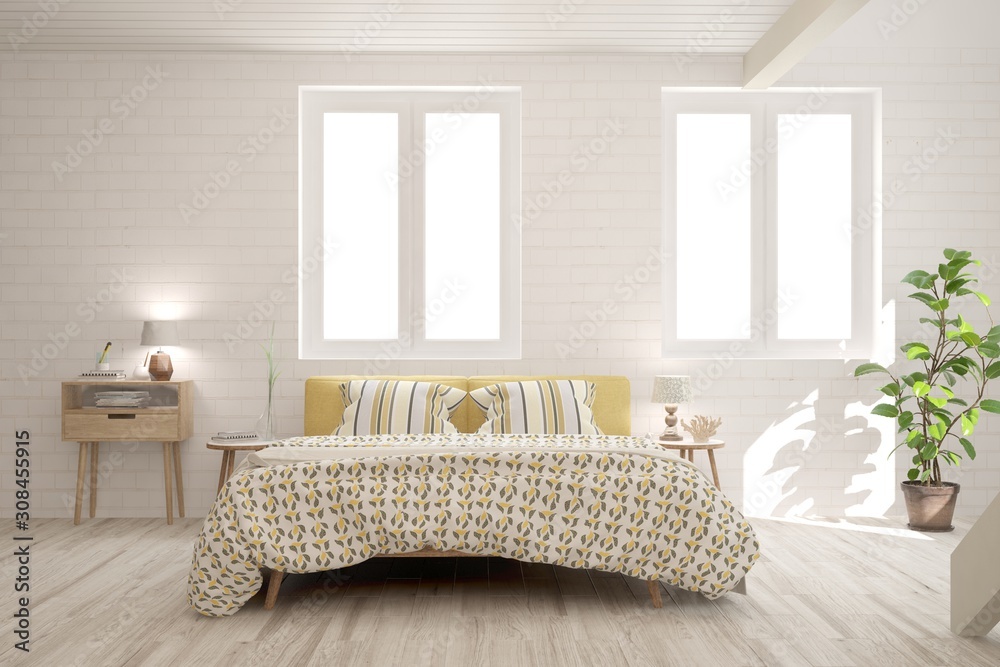 Stylish bedroom in white color. Scandinavian interior design. 3D illustration