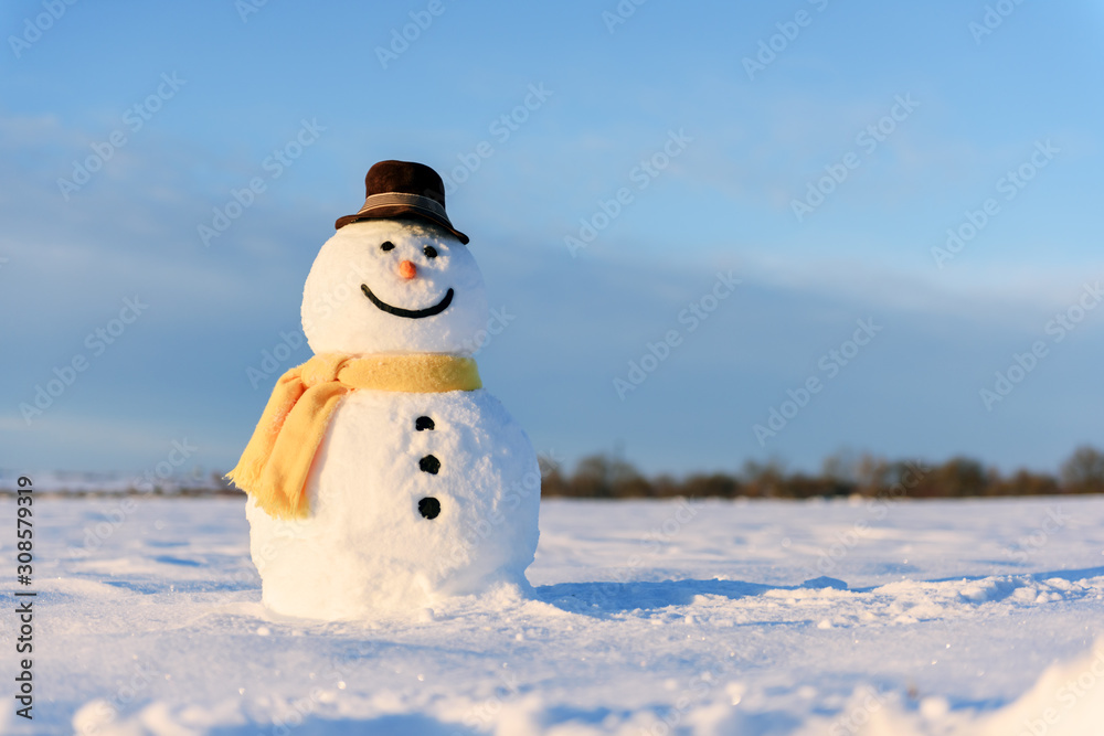 雪地上戴着时髦的黑色帽子和黄色鳞片的有趣雪人。圣诞快乐，新年快乐