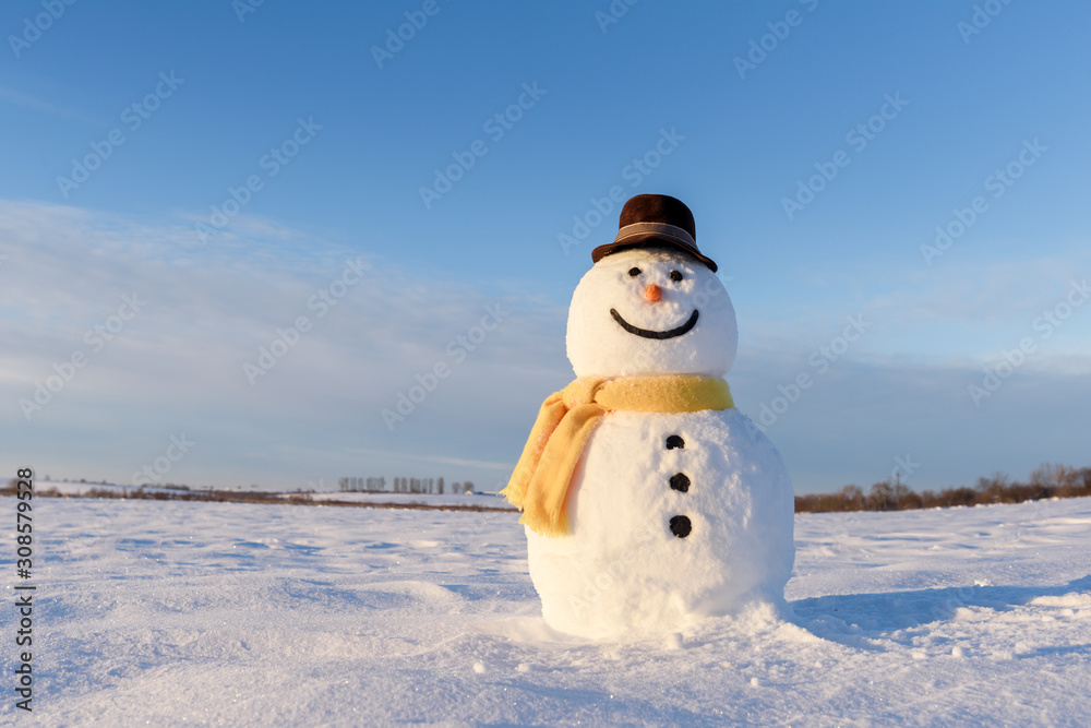 雪地上戴着时髦的黑色帽子和黄色鳞片的有趣雪人。圣诞快乐，新年快乐