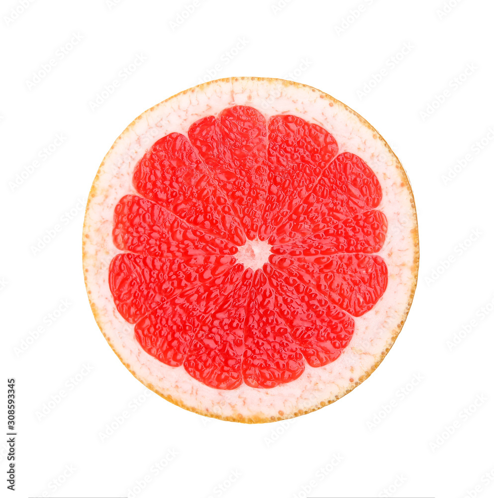 Slice of fresh grapefruit on white background