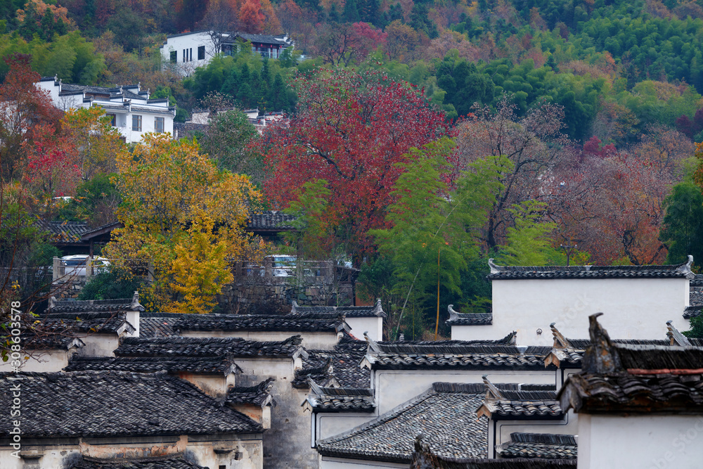 Hui-style architectures in fall forest on the hillside of China.