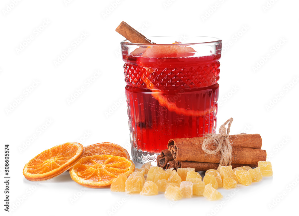 Glass of tasty mulled wine on white background