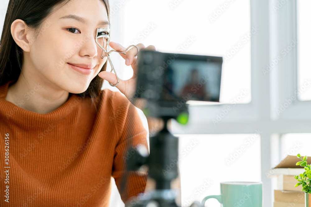 beautiful asian woman long hair influence show makeup step lives on social media with happiness and 