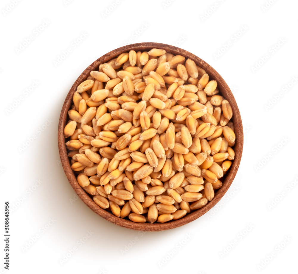 Wheat grains isolated on white background, top view