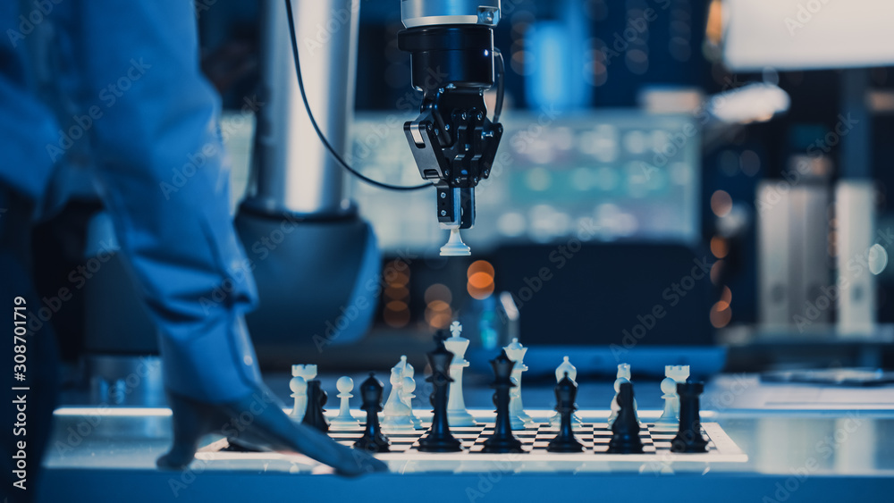 Close Up Shot of a Artificial Intelligence Operating a Futuristic Robotic Arm in a Game of Chess Aga