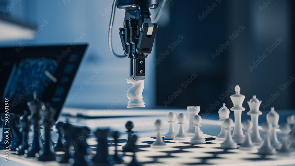 Close Up Vertical Shot of Artificial Intelligence Operating a Futuristic Robotic Arm in a Game of Ch