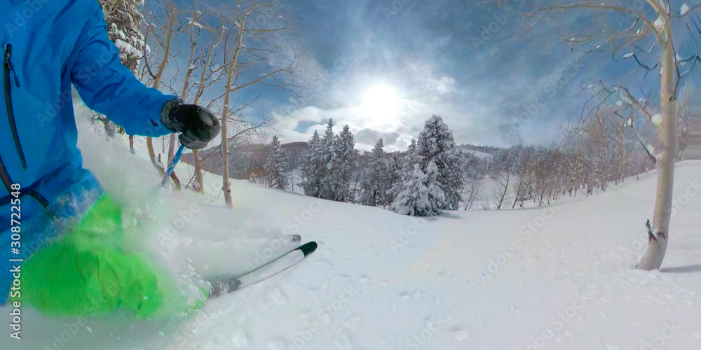 CLOSE UP: Unrecognizable skier sprays champagne powder while skiing off-piste.