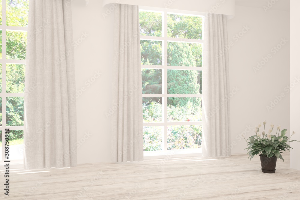 Stylish empty room in white color with summer landscape in window. Scandinavian interior design. 3D 