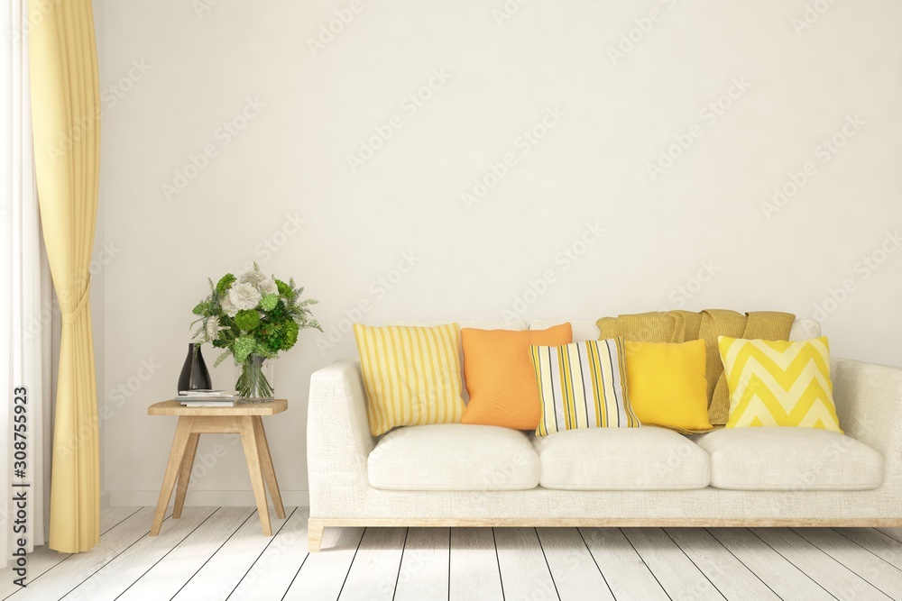 Stylish room in white color with yellow sofa. Scandinavian interior design. 3D illustration