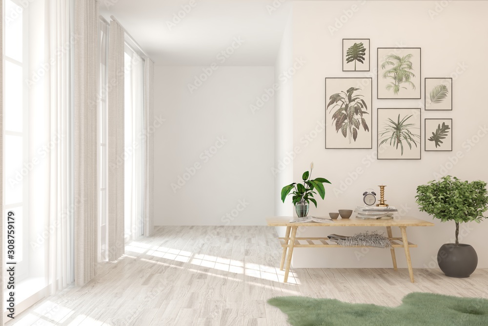 Empty room in white color with table, home plant and pictures on a wall. Scandinavian interior desig