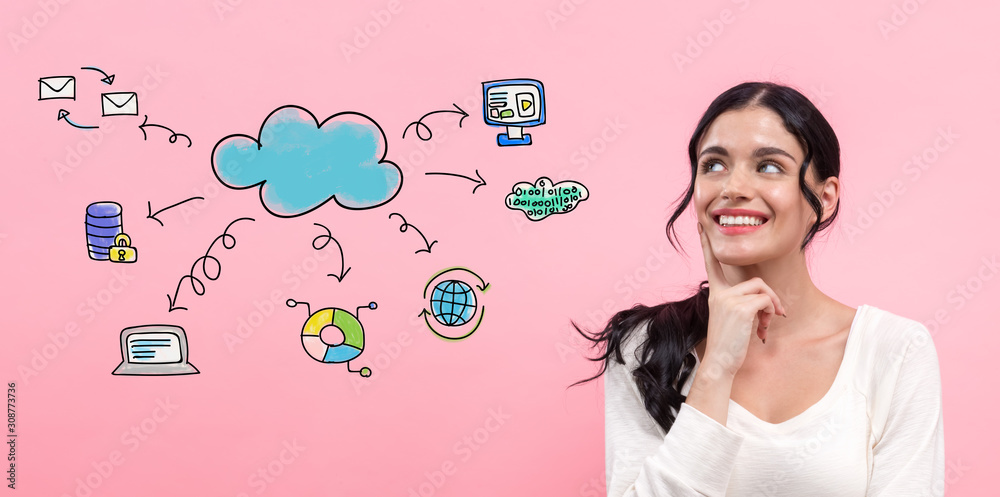 Cloud computing with young woman in thoughtful pose