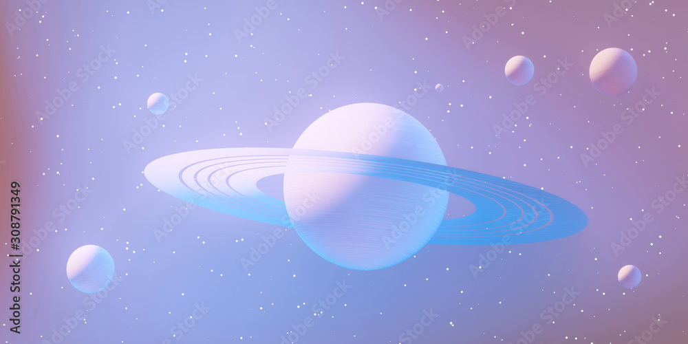 Abstract Sci Fi Huge Saturn with Galaxy Star Dreaming Colorful background, 3d rendering.