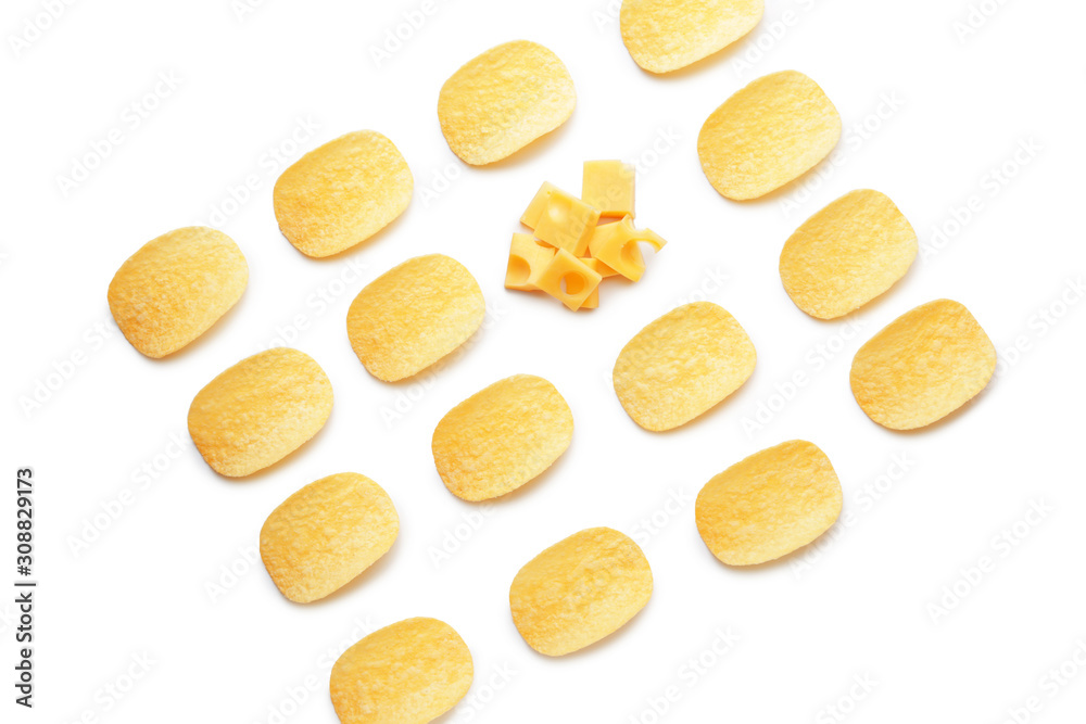 Tasty potato chips and cheese on white background