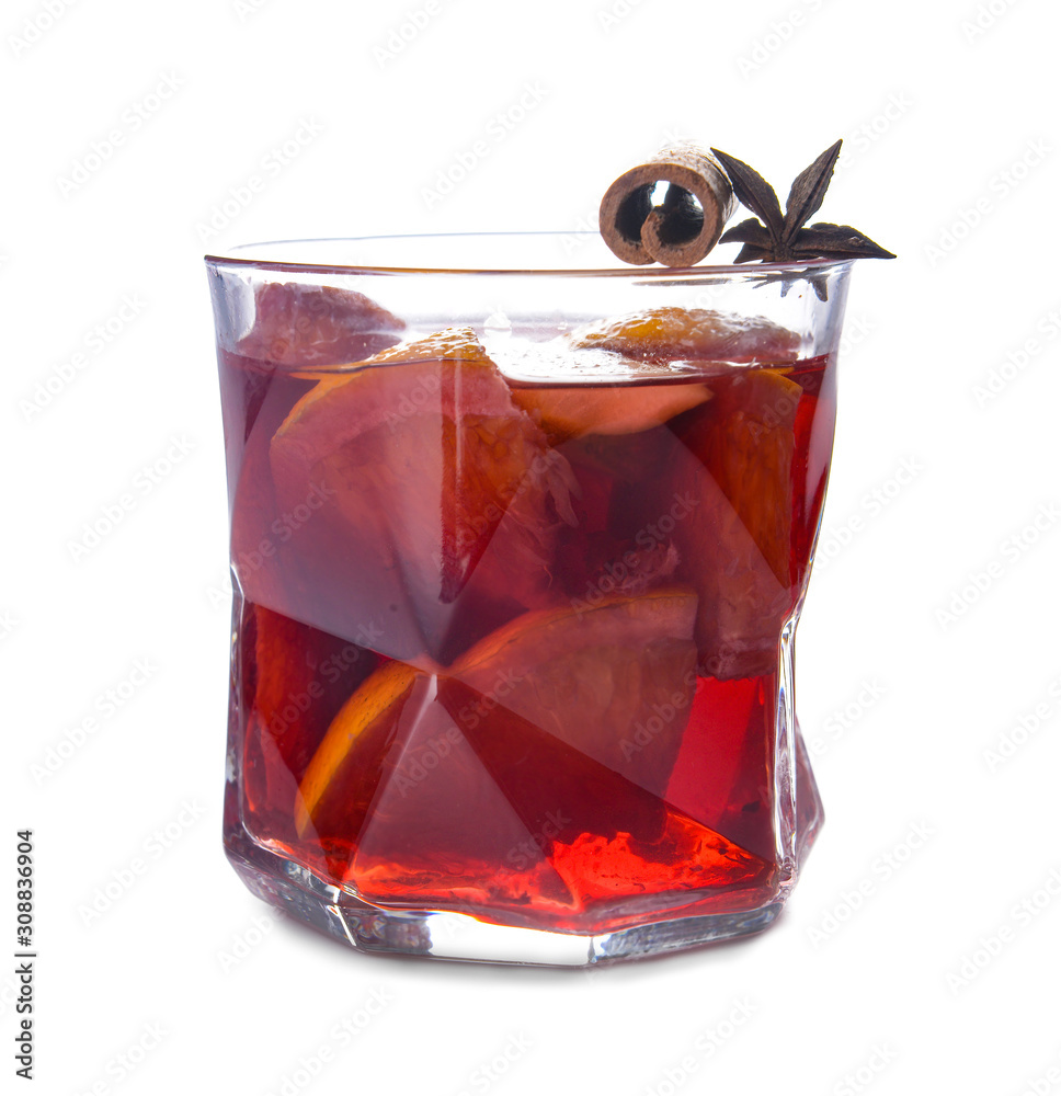 Glass of tasty mulled wine on white background