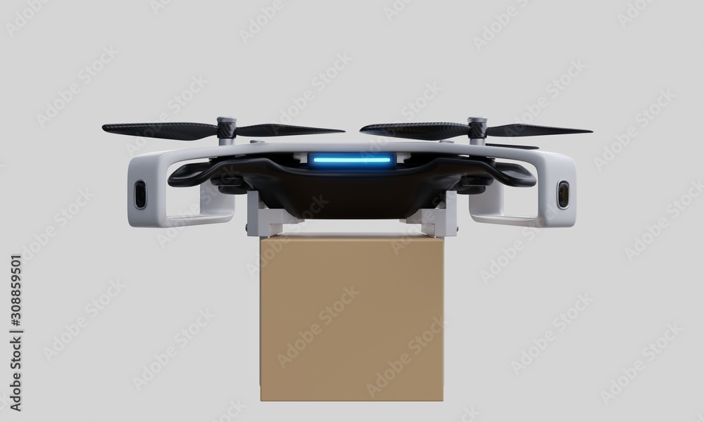 Drone delivery delivering on white background.