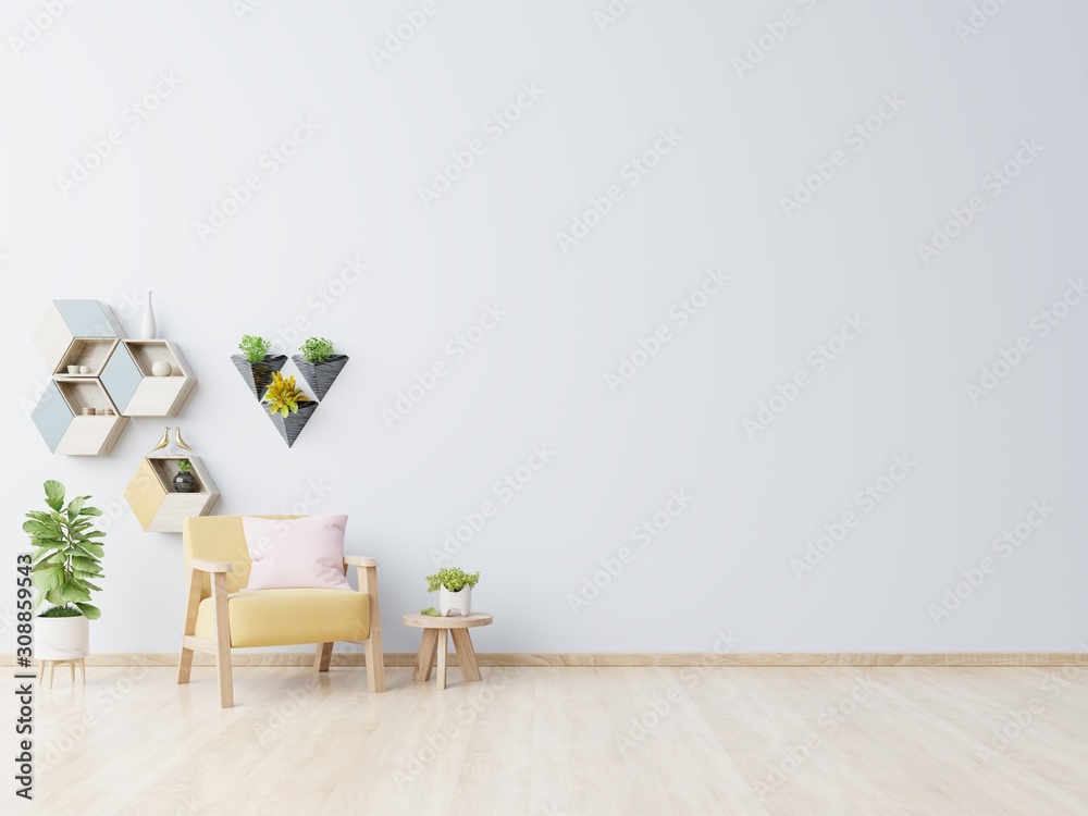 Living room with wooden table, lamps and yellow armchair.