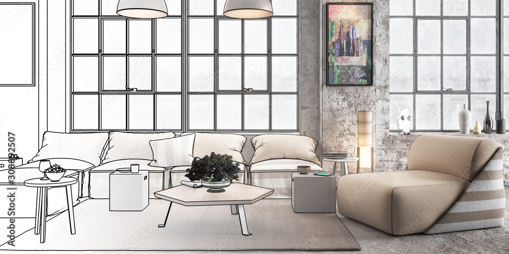 Industrial Luxury Loft with Furniture (panoramic concept) - 3d visualization