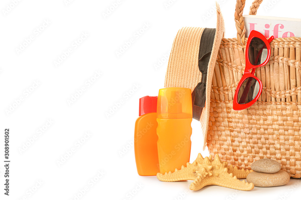 Set of beach accessories on white background