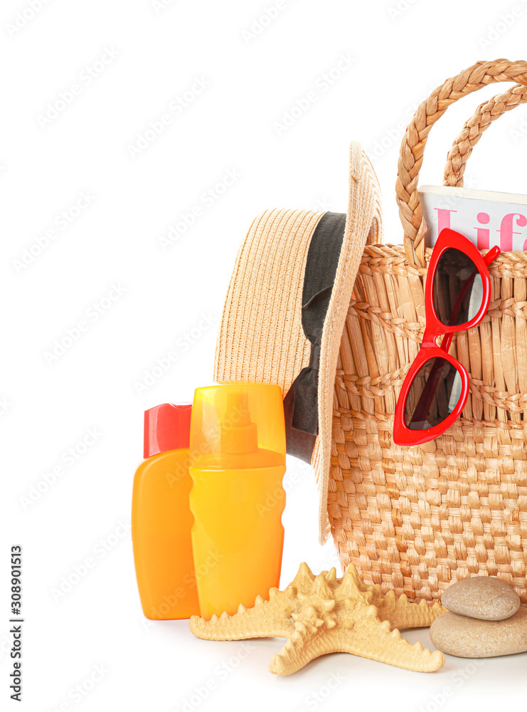 Set of beach accessories on white background