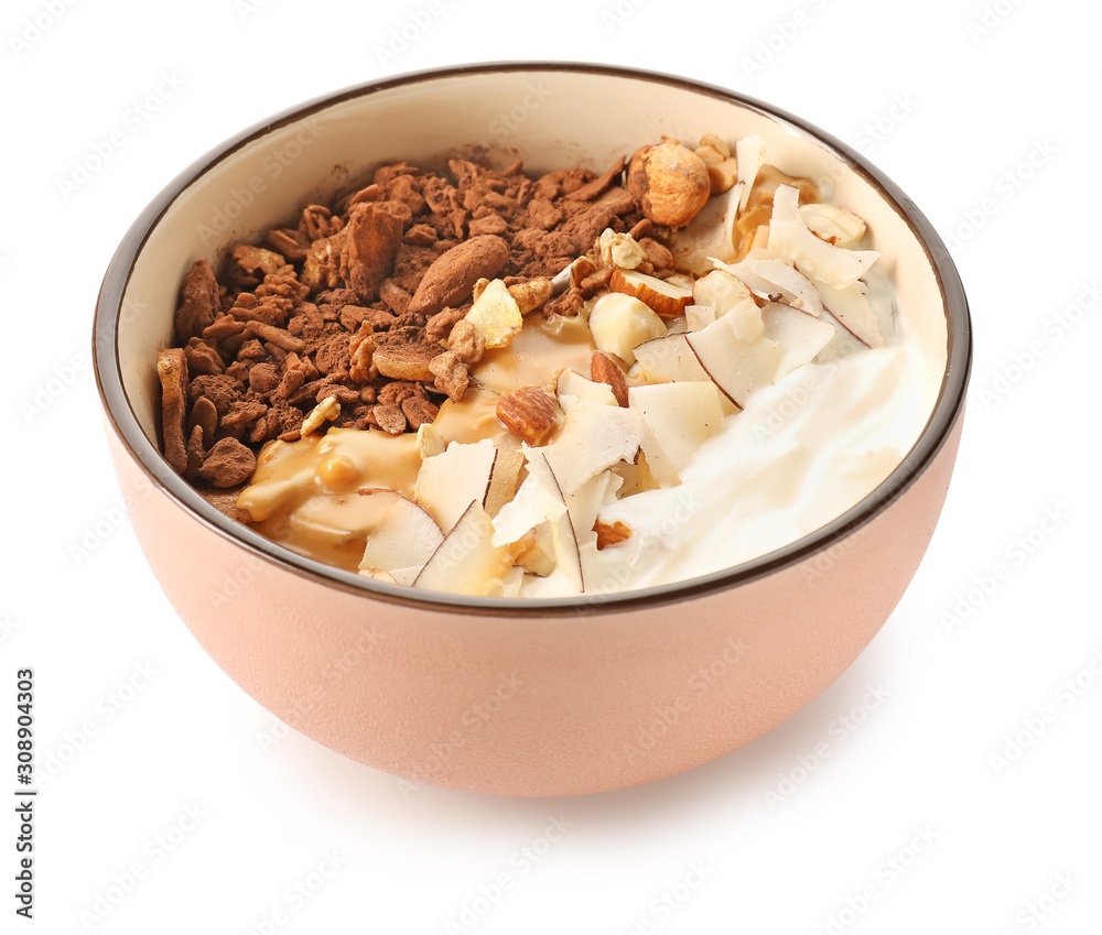 Tasty granola with yogurt in bowl on white background