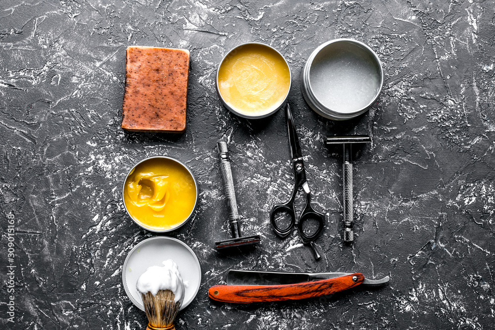 barbershop for men with tools on gray background top view mock up