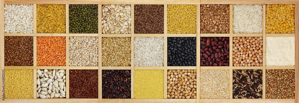 Collection of raw cereals, beans and seeds, top view texture