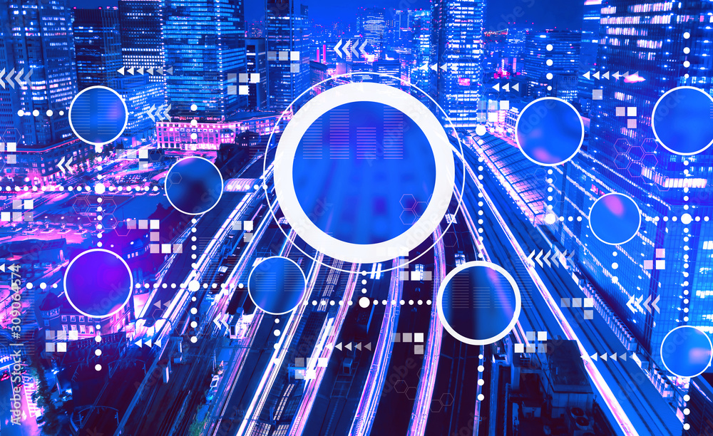 Connected circles chart with aerial view of a large train station in Tokyo, Japan