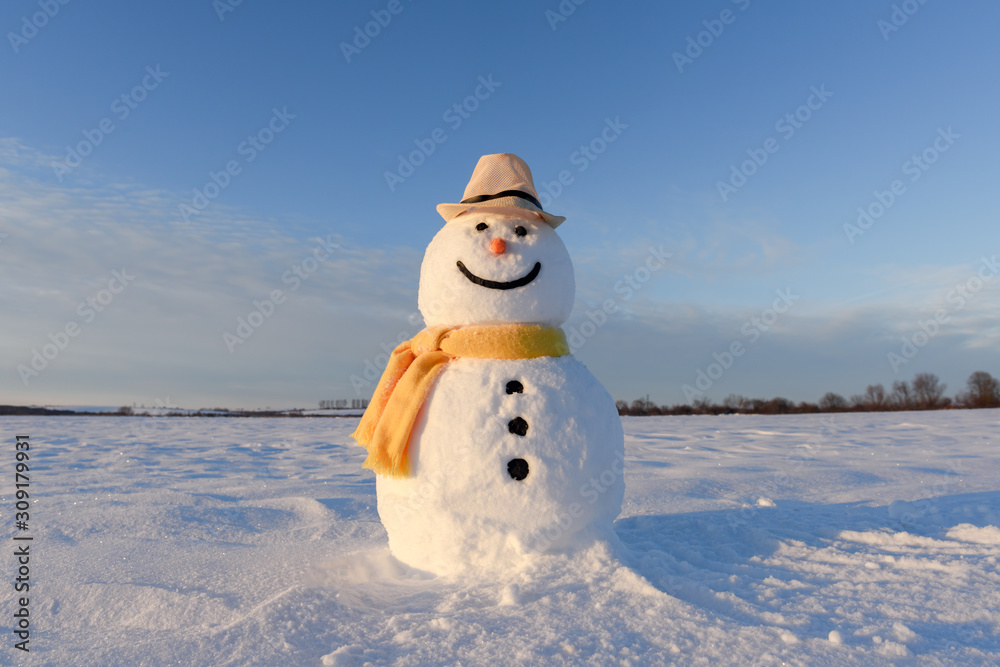 Funny snowman in stylish hat and yellow scalf on snowy field. Merry Christmass and happy New Year!