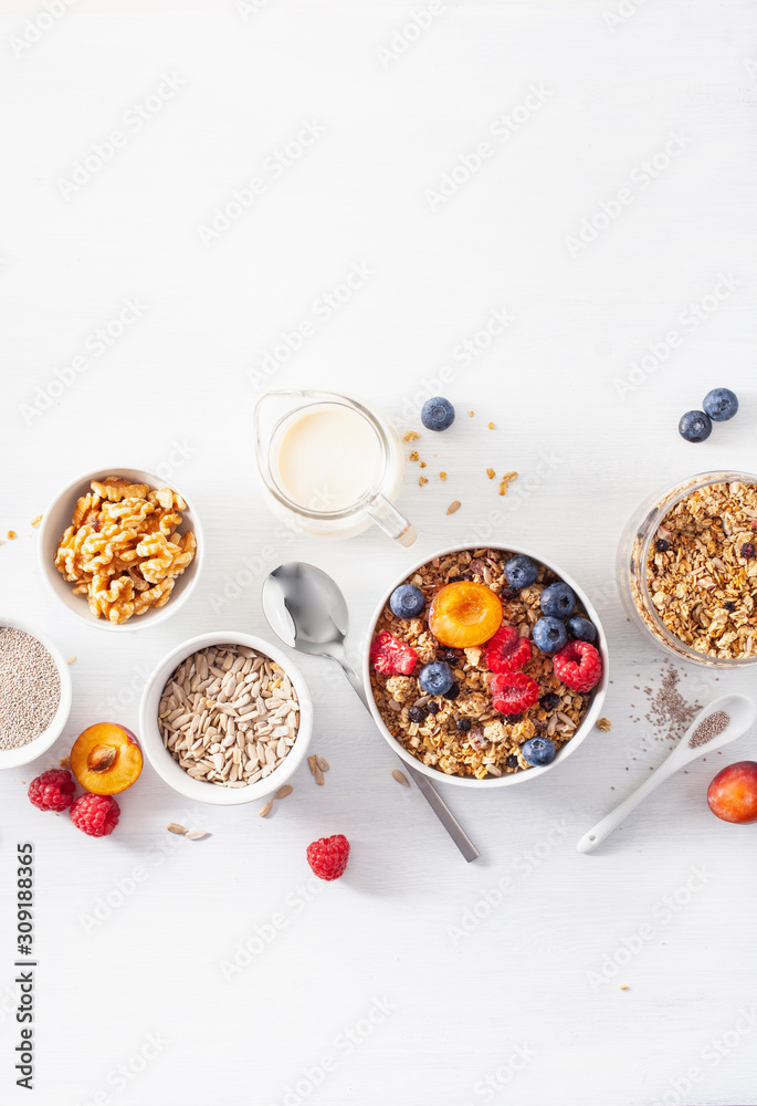 healthy granola for breakfast with berry fruit nut, plant milk