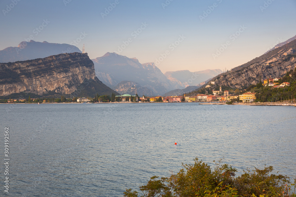 Beautful coastline of Garda lake at sunset, northern Italy