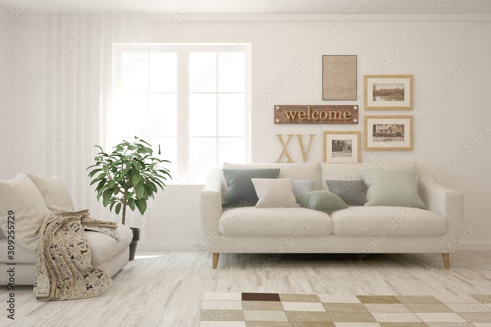 Stylish room in white color with sofa. Scandinavian interior design. 3D illustration