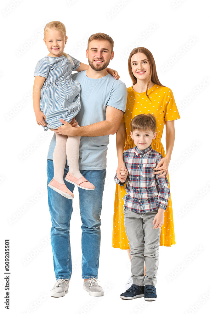 Portrait of happy family on white background